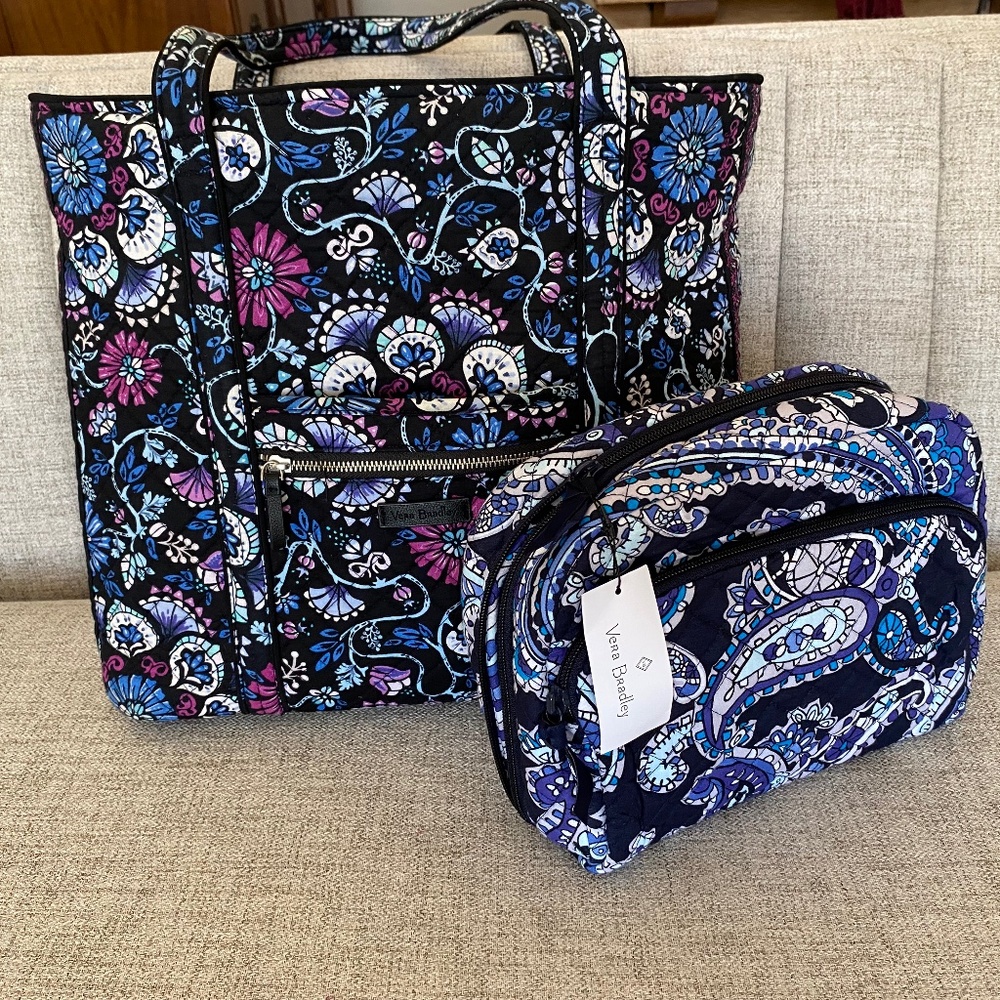 Vera Bradley tote in Bramble and Large Lay Flat Cosmetic in Deep Night Paisley